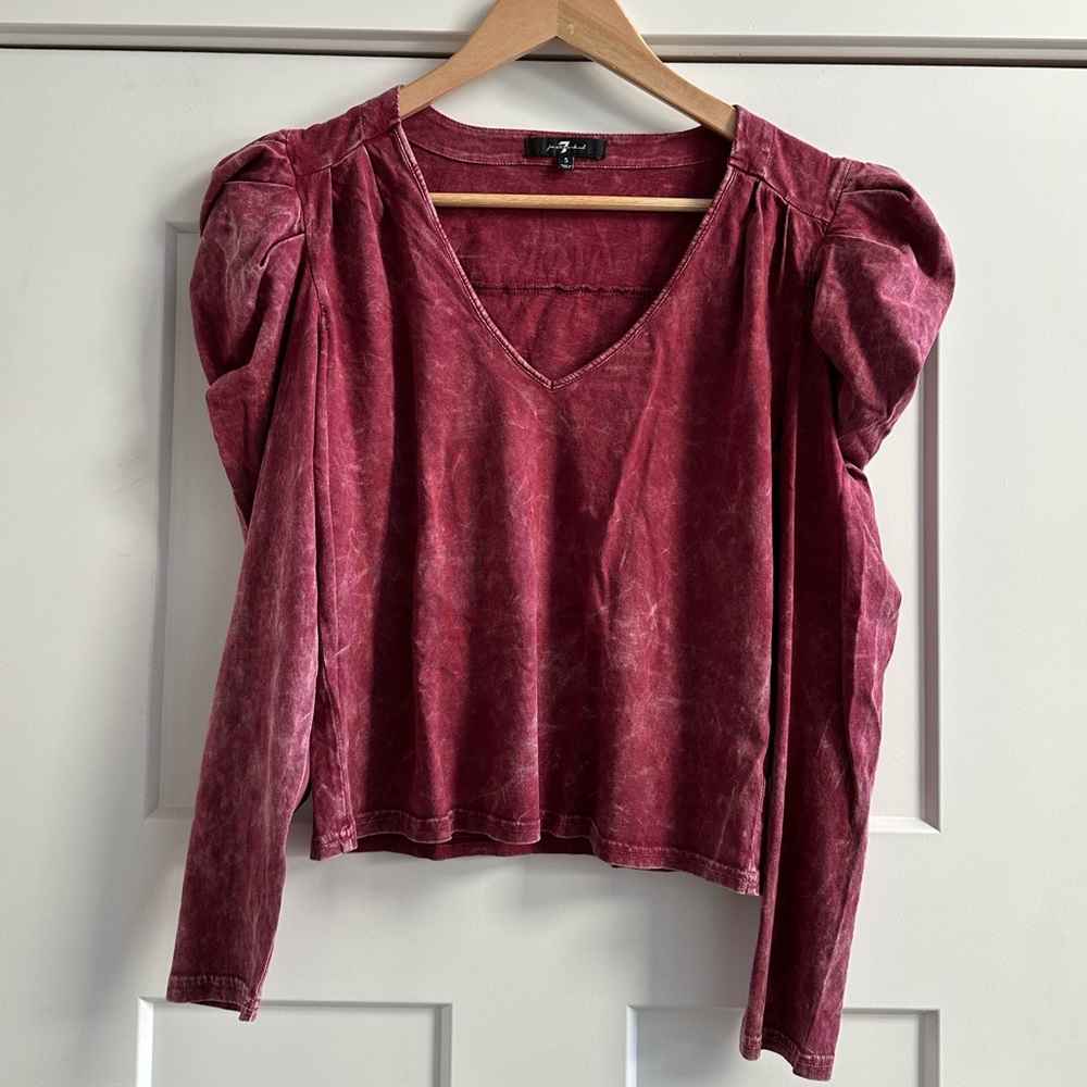 7 For All Mankind Long Puff Sleeve V-Neck Top
